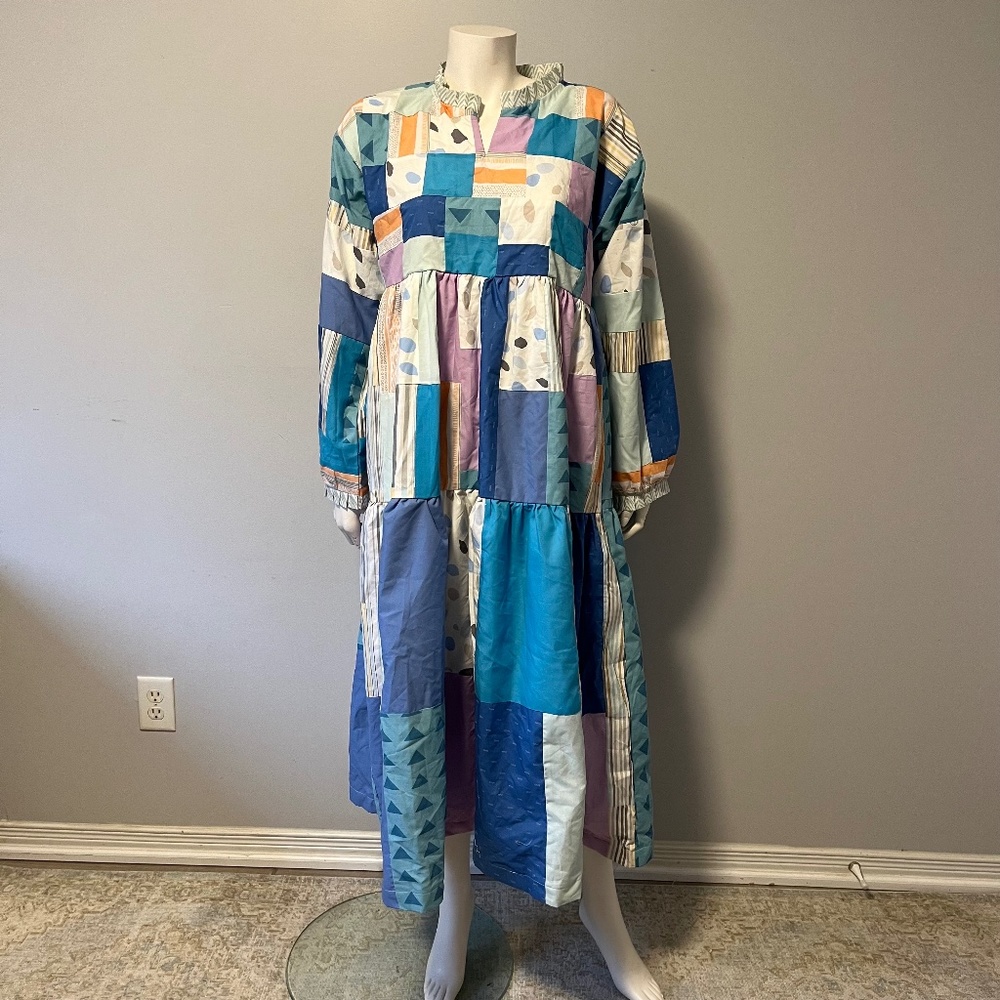 Hand stitched unique one of a kind patchwork Blue purple white dress size medium
